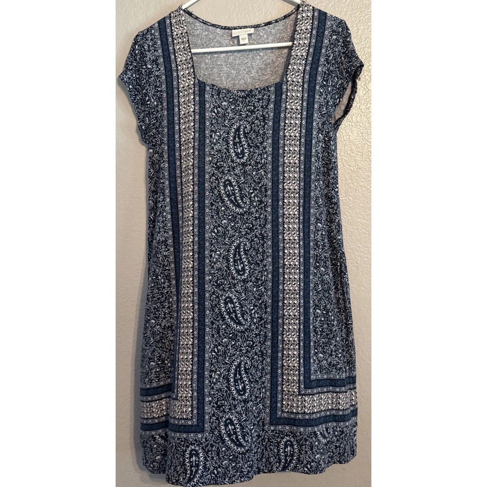 J Jill Blue Paisley Border Print Dress S Small Rayon Spandex Stretch Knit Boho
